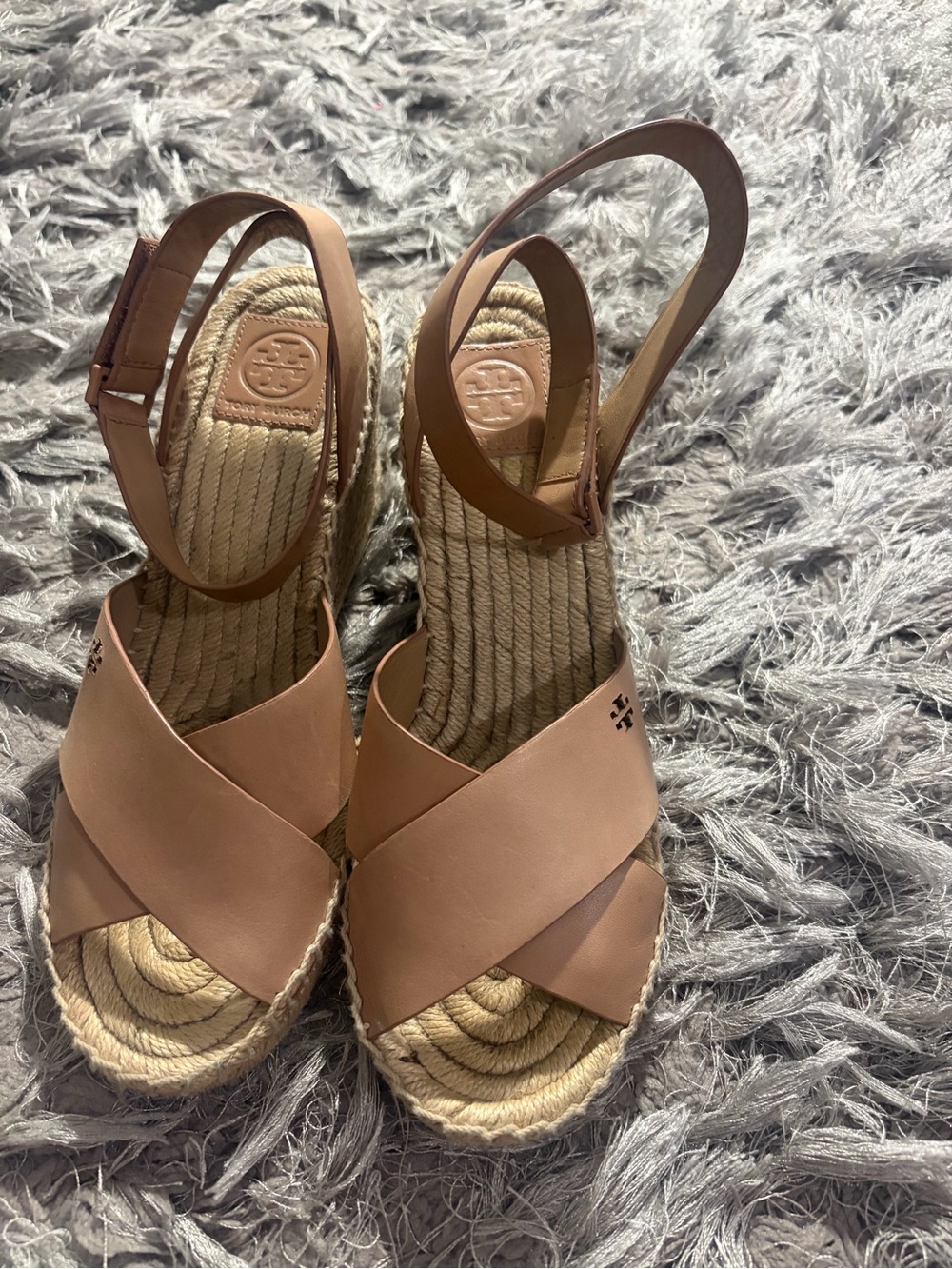 Tory Burch Blush Tan Leather Espadrille Wedge Sandals